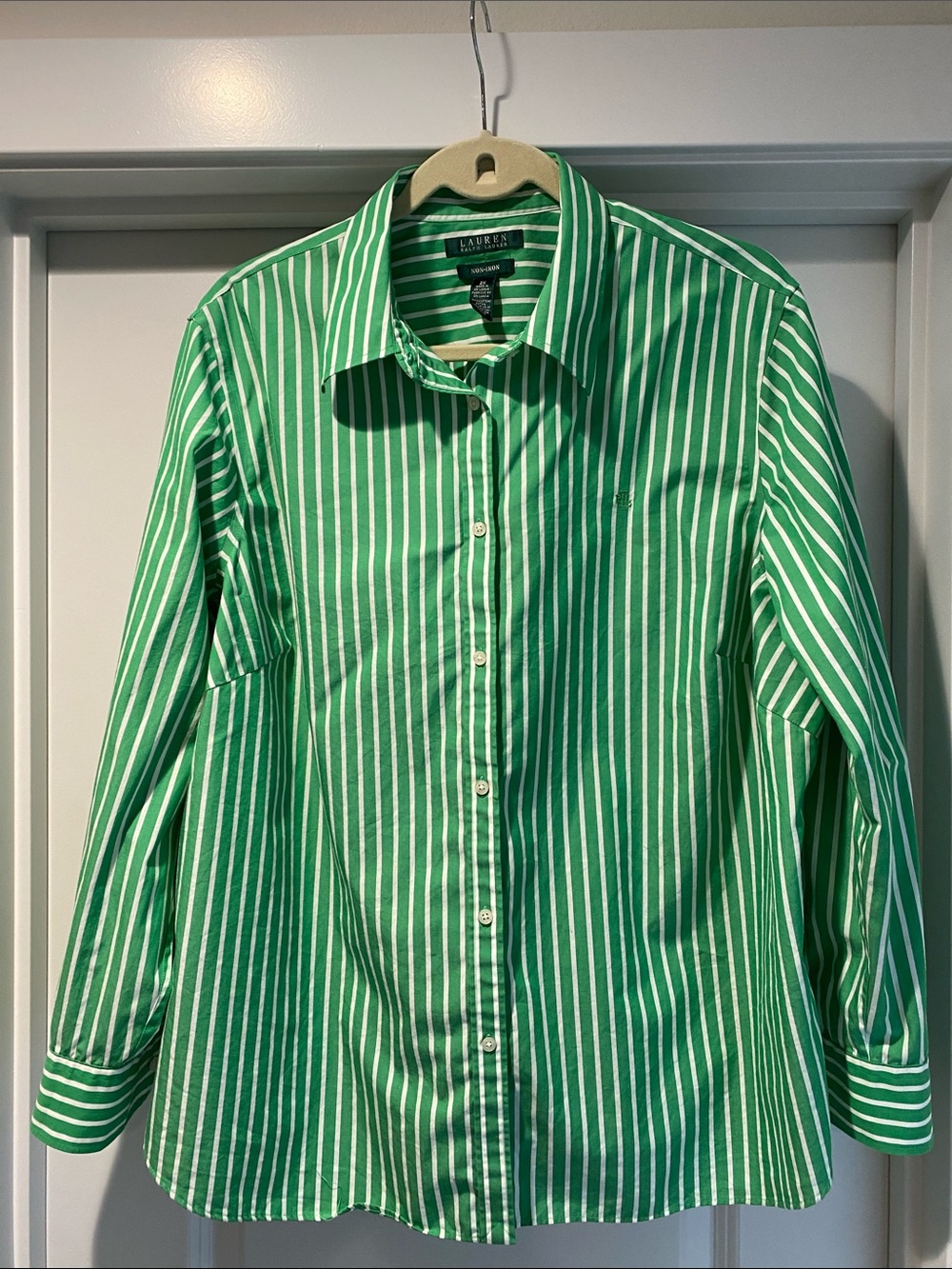 Lauren Ralph Lauren Green & White Vertical Stripe Button-Up Blouse Womens 2X